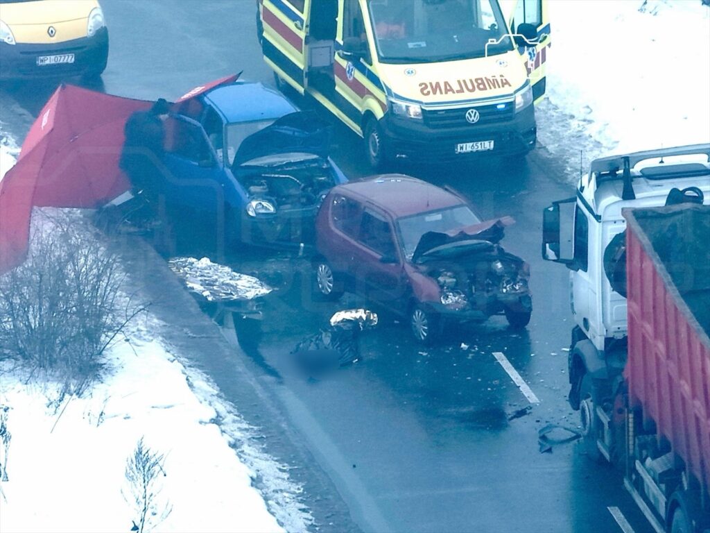 Na drodze widoczne są dwa uszkodzone samochody, a obok stoi ambulans. Osoba w czerwonym płaszczu sprawdza niebieski pojazd.