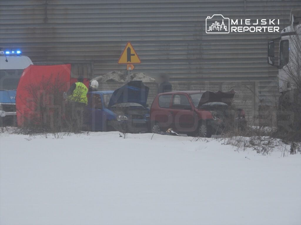 Policjant w żółtej kamizelce rozmawia z osobą przy otwartym niebieskim samochodzie na zaśnieżonym poboczu drogi.