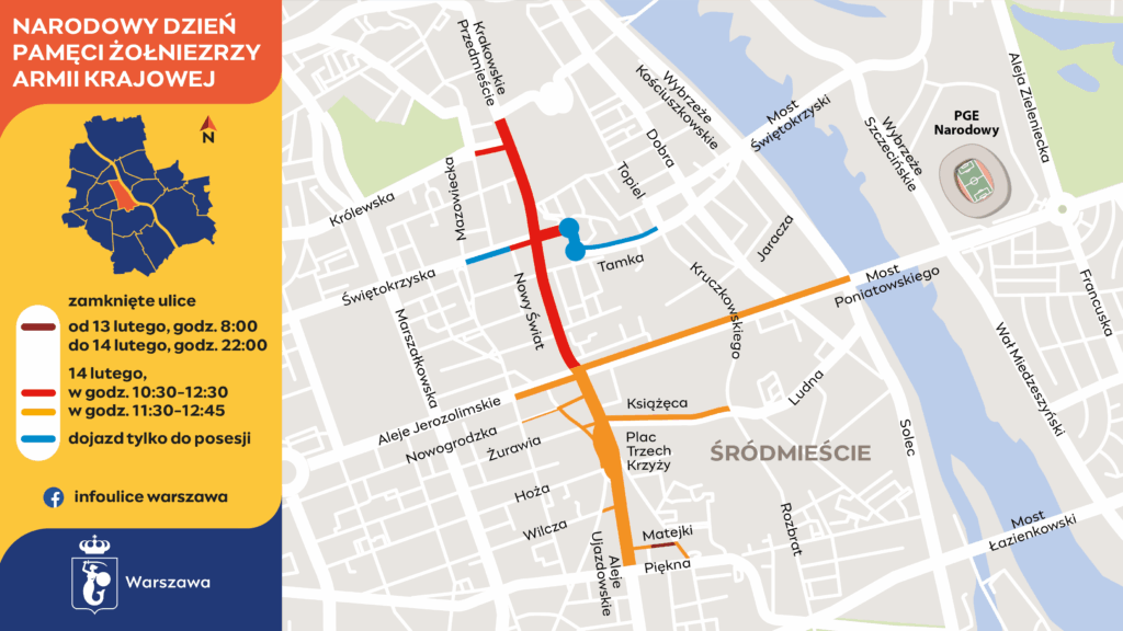 Mapa z informacjami o zamkniętych ulicach w Warszawie z powodu Narodowego Dnia Pamięci Żołnierzy Armii Krajowej.