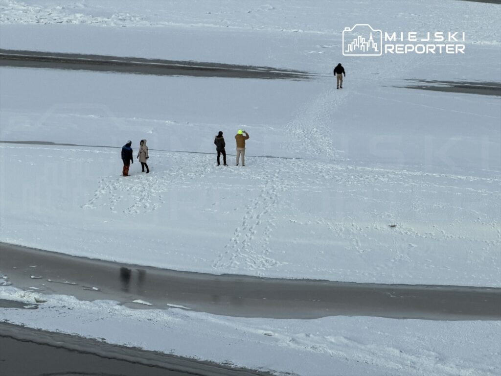 Grupa pięciu osób spaceruje po ośnieżonym terenie, a jedna z nich stoi w oddali.