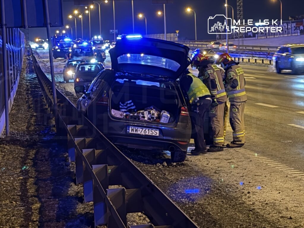 Grupa ratowników w odblaskowych kamizelkach sprawdza wnętrze samochodu zaparkowanego na poboczu drogi, w tle widać niebieskie światła policyjne.