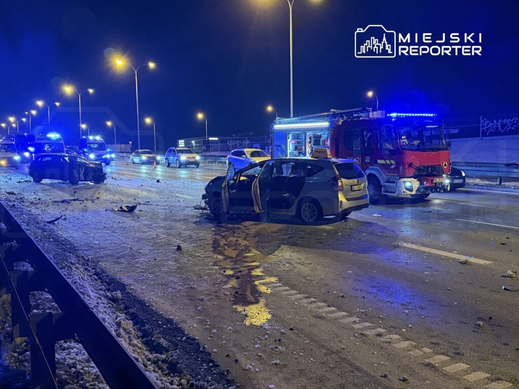Zniszczone pojazdy na drodze w nocy, obok nich straż pożarna oraz radiowozy policyjne. Na jezdni leży śnieg i fragmenty samochodów.