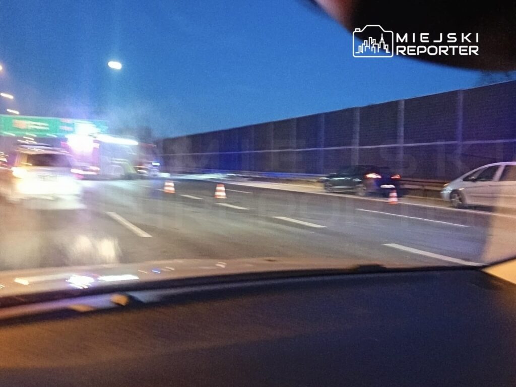 Na drodze widać kilka pojazdów, w tym samochód z włączonymi światłami awaryjnymi, oraz radiowóz z sygnalizacją świetlną.
