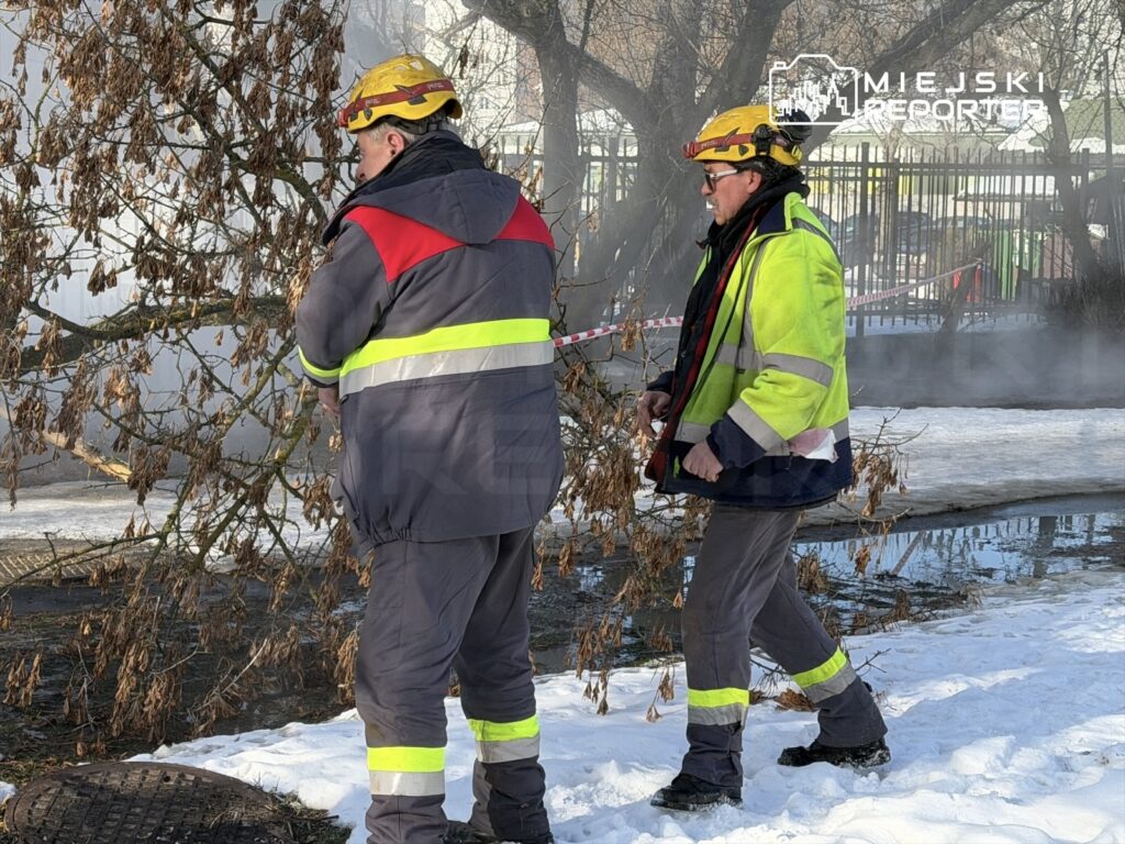 Dwóch strażaków w kaskach i odzieży roboczej ocenia sytuację po pożarze w otoczeniu zaśnieżonym.