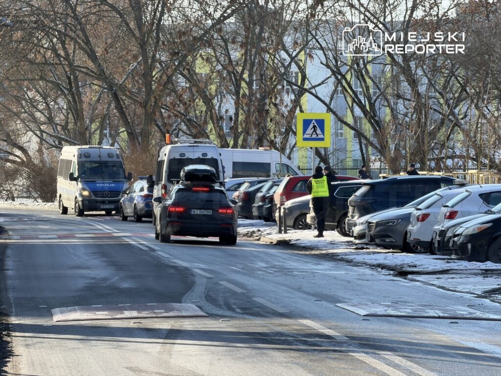 Policjanci w kamizelkach odblaskowych kontrolują ruch na ulicy, obok zaparkowane samochody i oznakowanie przejścia dla pieszych.