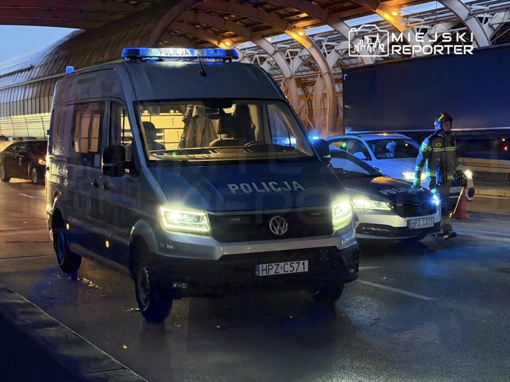 Policyjny samochód dostawczy z włączonymi sygnałami świetlnymi zatrzymany na drodze, obok policjant i drugi radiowóz.