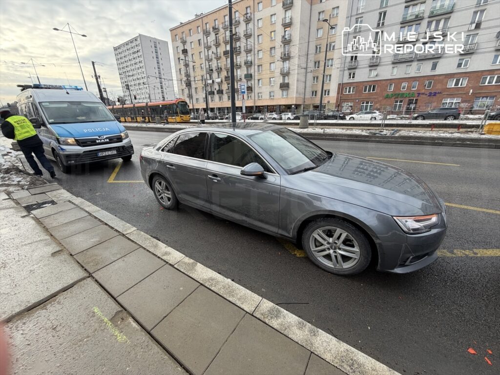Policjant w kamizelce odblaskowej rozmawia z kierowcą szarego samochodu osobowego przy jezdni.