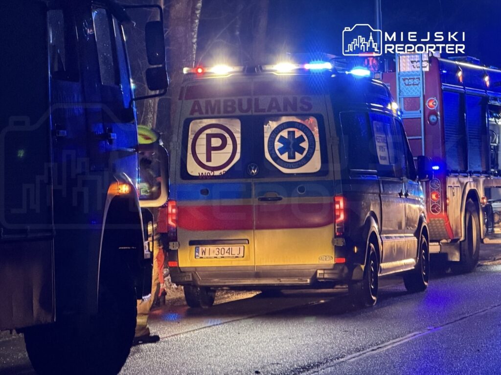 Karetka pogotowia z włączonymi światłami sygnalizacyjnymi zatrzymana przy drodze, obok ciężarówki.