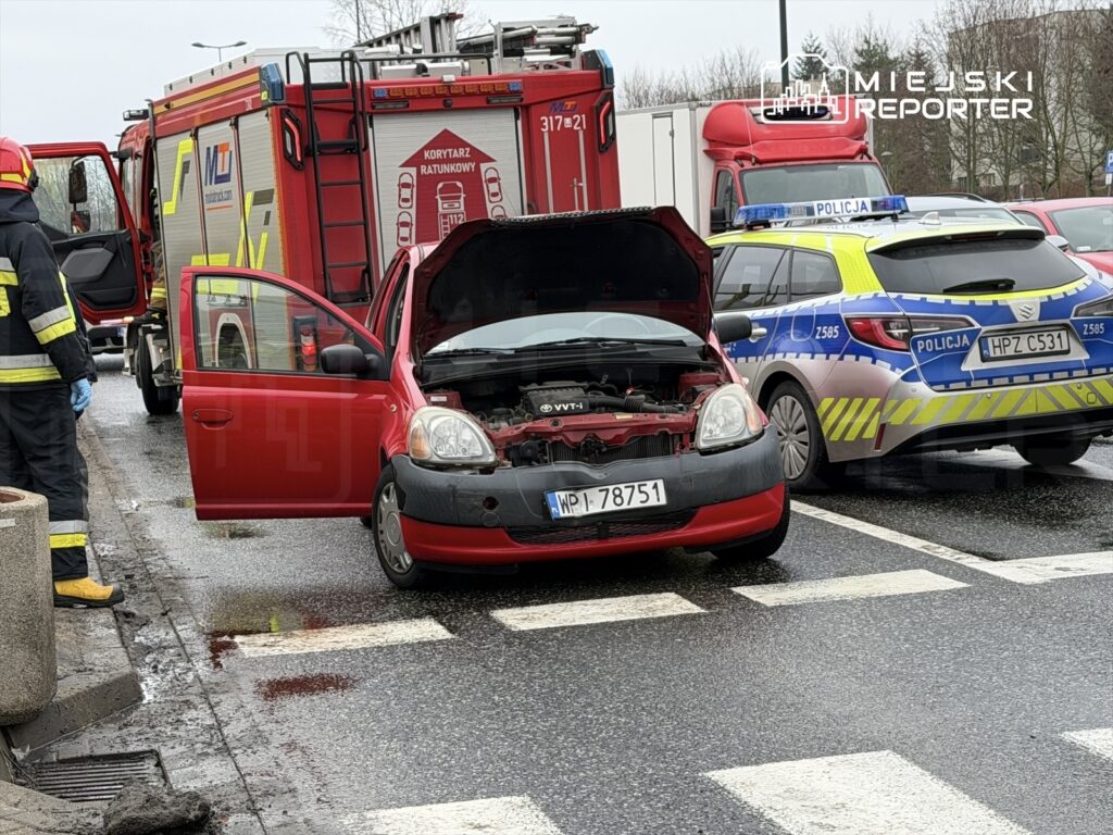 Czerwony samochód osobowy z otwartą maską stoi na drodze, obok niego strażacy w mundurach oraz radiowóz policji.