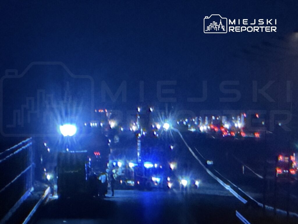 Grupa ratowników w odblaskowych kamizelkach prowadzi działania na oświetlonej niebieskimi światłami drodze.