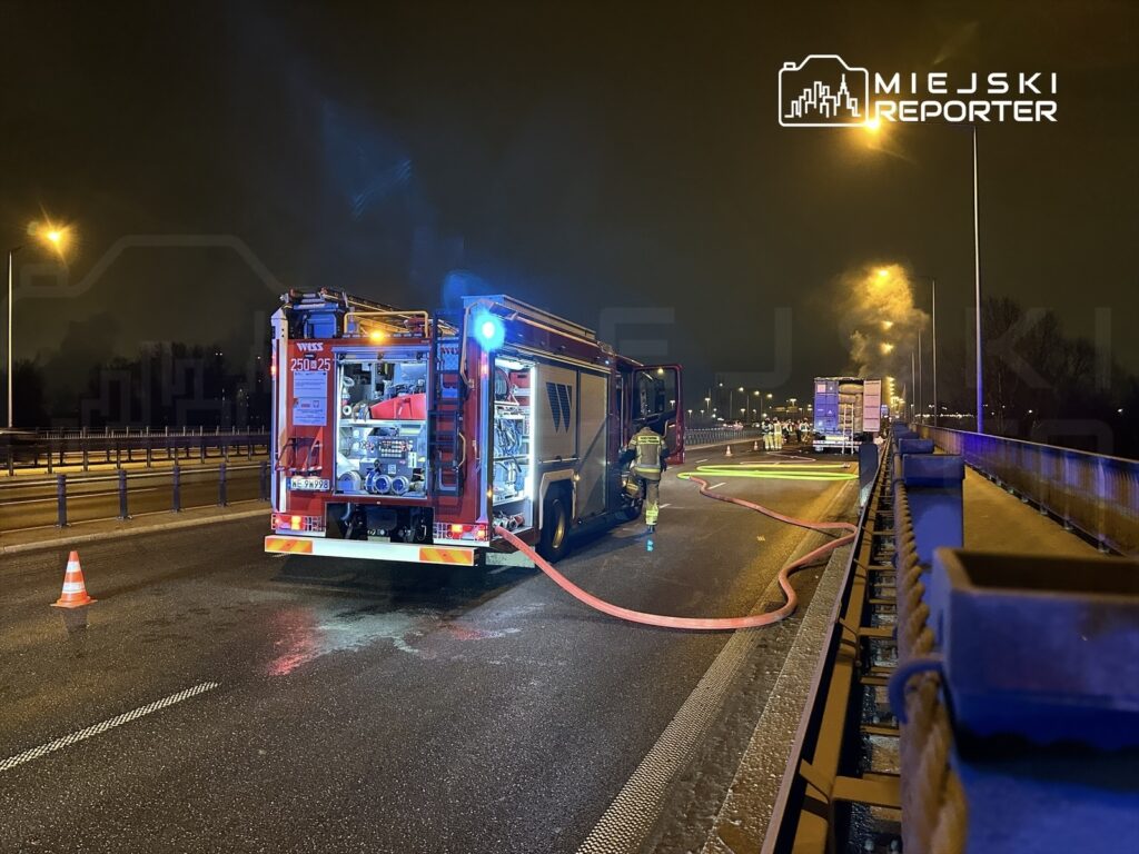 Strażacy podłączają węże gaśnicze do wozu strażackiego na oświetlonej autostradzie, obok dymiącego ciężarowca.