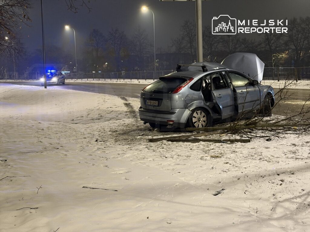 Samochód osobowy stoi na poboczu drogi w zaśnieżonym otoczeniu, z otwartymi drzwiami i uszkodzeniami. W tle widoczny radiowóz z włączonymi sygnałami świetlnymi.