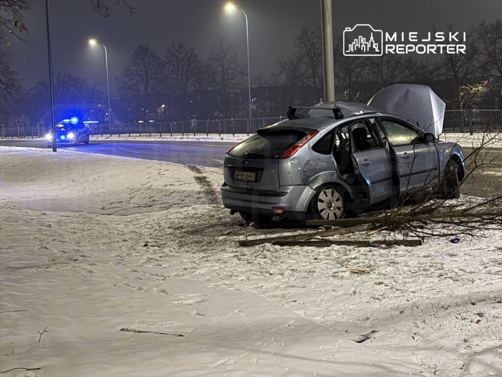 Uszkodzony samochód osobowy stoi na poboczu drogi, obok leży złamane drzewo, a w tle widać policyjny radiowóz z niebieskimi światłami.
