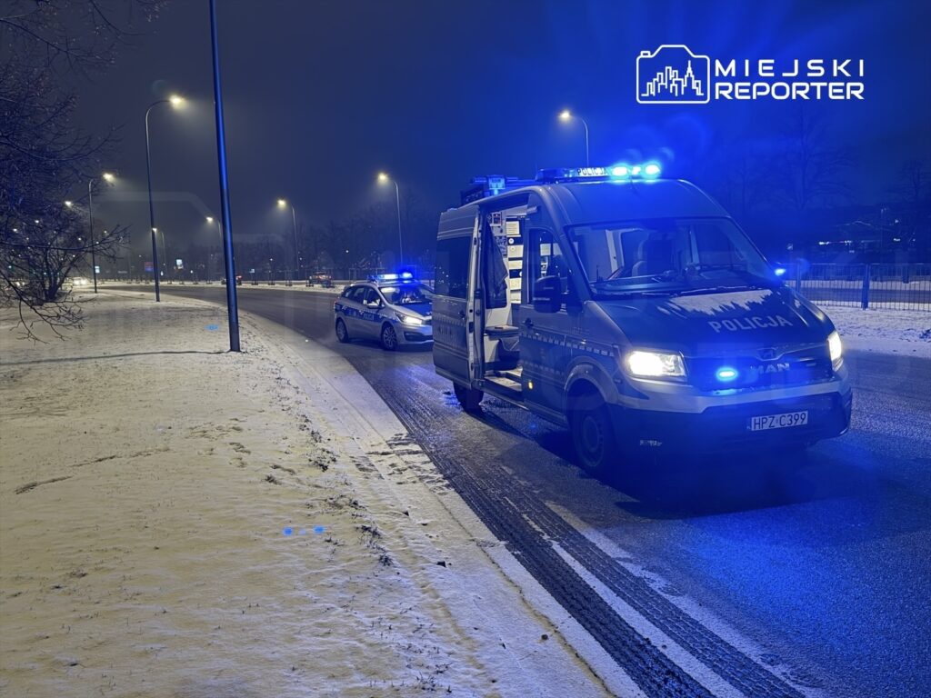 Policyjny furgon z włączonymi sygnałami świetlnymi zatrzymany na ośnieżonej drodze, obok radiowóz.