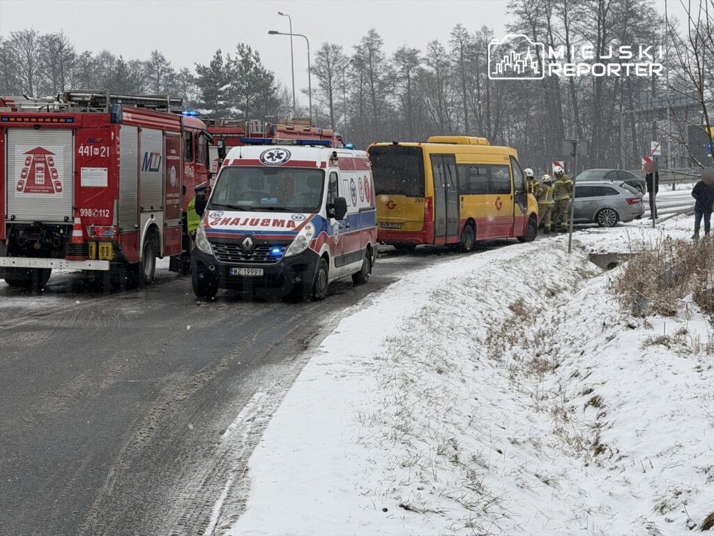 Na drodze widać wóz strażacki oraz karetkę pogotowia, obok nich zespół ratowników rozmawia z kierowcą autobusu.