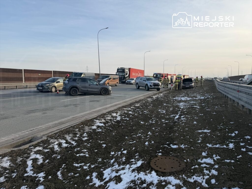Na drodze stoją uszkodzone pojazdy, a obok pracują służby ratunkowe w odzieży ochronnej. W tle widać ciężarówki.