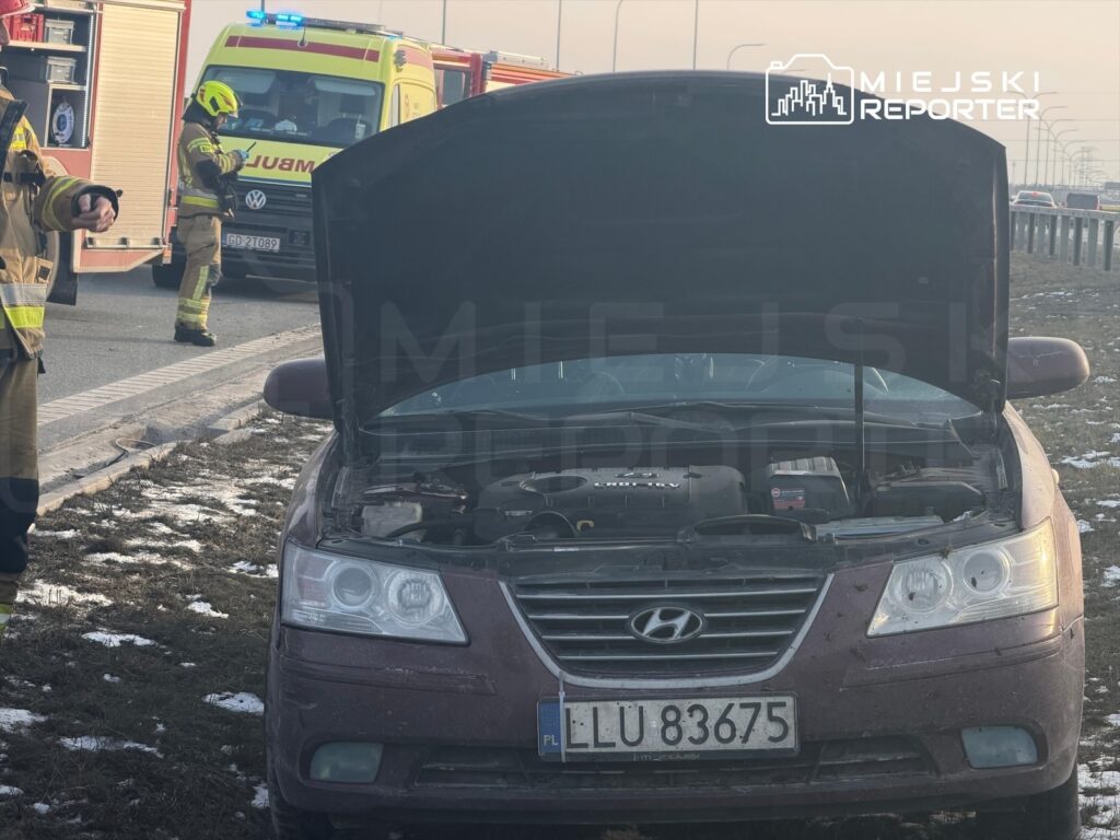 Mężczyzna w stroju strażackim bada silnik samochodu osobowego z otwartą maską na poboczu drogi. W tle widać pojazd ratunkowy.
