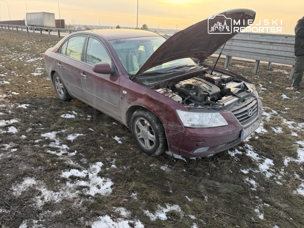 Czerwony samochód osobowy z otwartą maską stoi na poboczu drogi, obok widać śnieg i trawę.