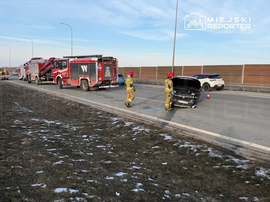 Strażacy w sprzęcie ochronnym pracują przy uszkodzonym samochodzie na poboczu drogi, obok stoją wozu strażackie.