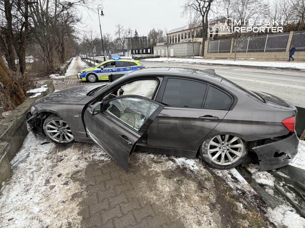Uszkodzony samochód osobowy stoi na krawężniku, obok policyjny radiowóz, w tle zarośla i chodnik.
