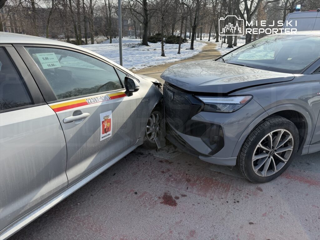 Dwa uszkodzone samochody, w tym taksówka z widocznym numerem identyfikacyjnym, zderzone na ulicy w parku.
