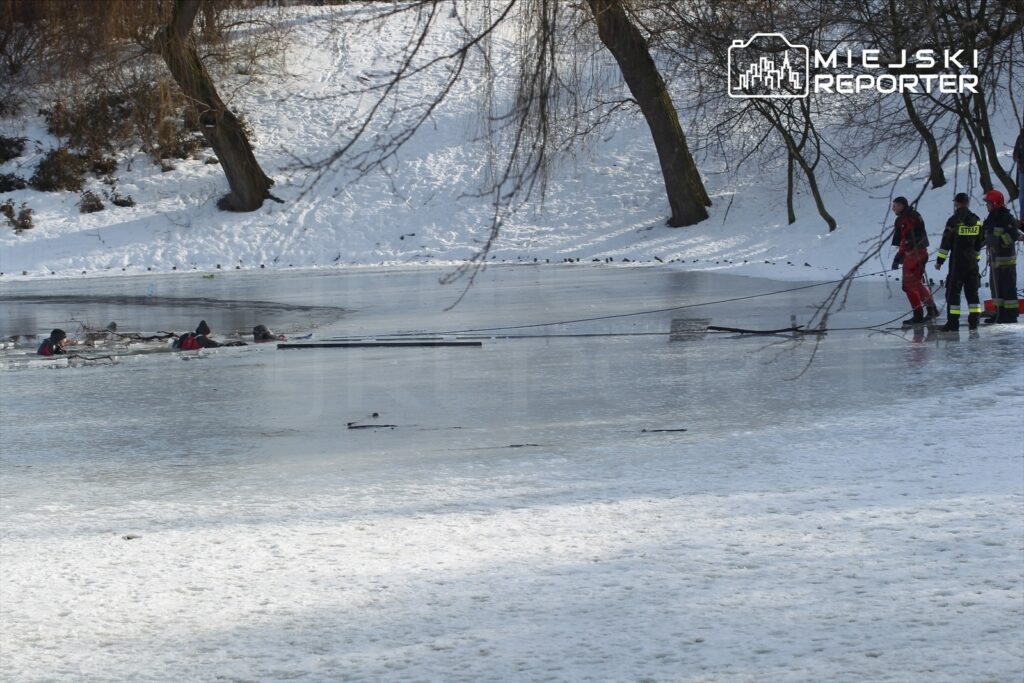 Ratownicy w zimowych strojach wyciągają osoby z lodowatej wody, a w tle widać pokryty śniegiem brzeg.