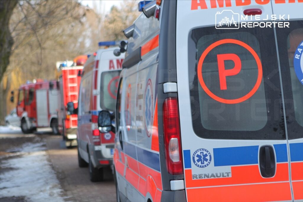 Ambulanse i wozy strażackie zaparkowane wzdłuż drogi, otoczone drzewami i śniegiem.