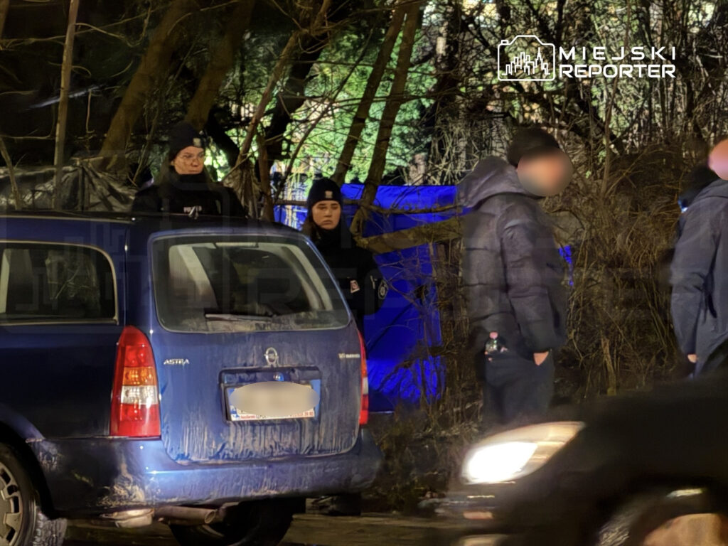 Grupa osób w ciemnych ubraniach rozmawia obok niebieskiego samochodu w zalesionym otoczeniu nocą.