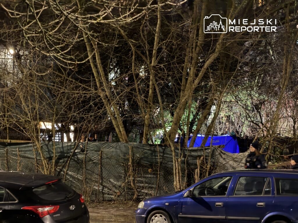 Grupa osób w mundurach stoi obok ogrodzenia z siatki, otoczonego nagimi drzewami, w tle widoczne niebieskie światło.