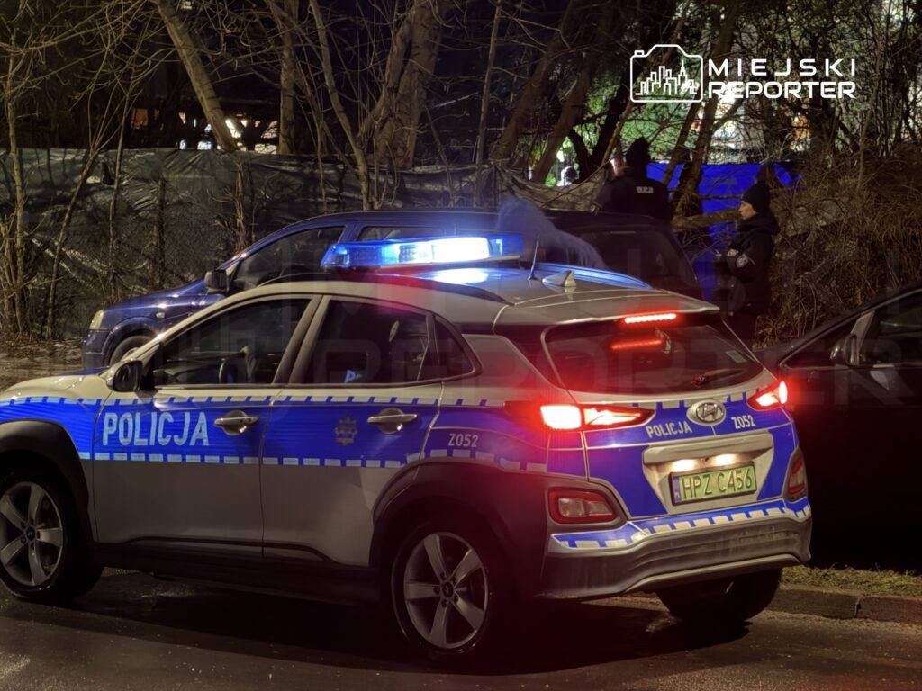 Policyjny samochód z włączonymi sygnałami świetlnymi stoi na drodze, obok funkcjonariusze prowadzą czynności w lesie.