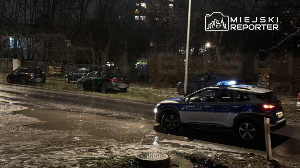 Policyjny radiowóz z włączonymi sygnałami świetlnymi stoi na oświetlonej ulicy, obok zaparkowane samochody.