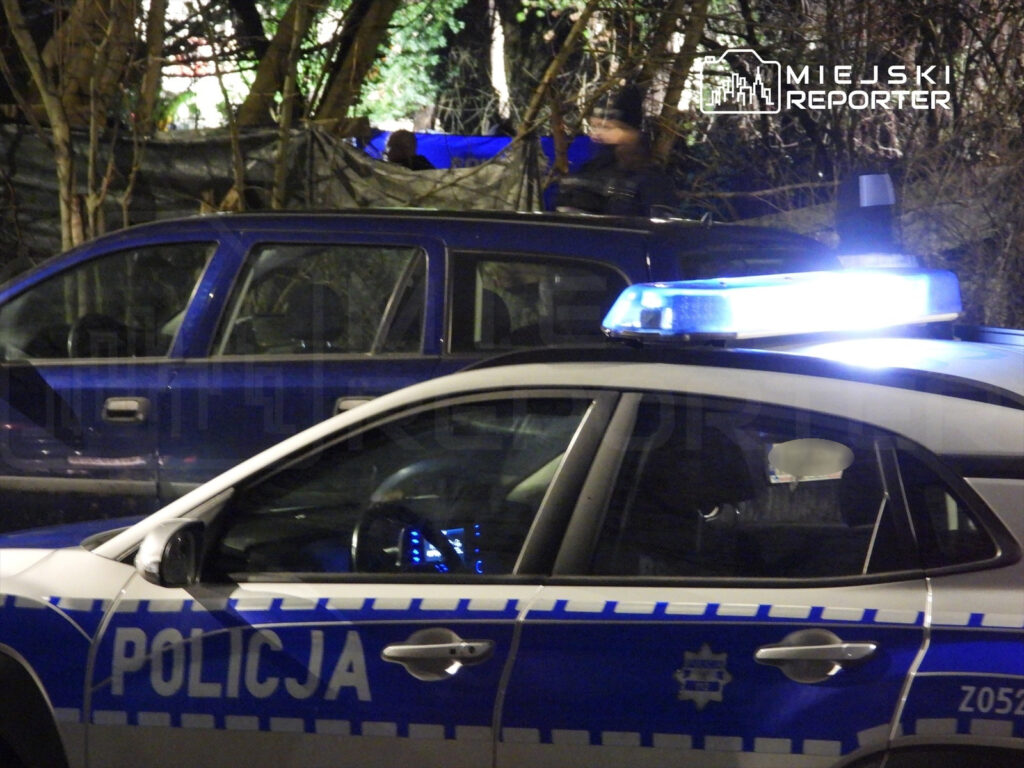 Policyjny radiowóz z włączonymi sygnalizatorami świetlnymi stoi na drodze, w tle widać niebieski samochód.