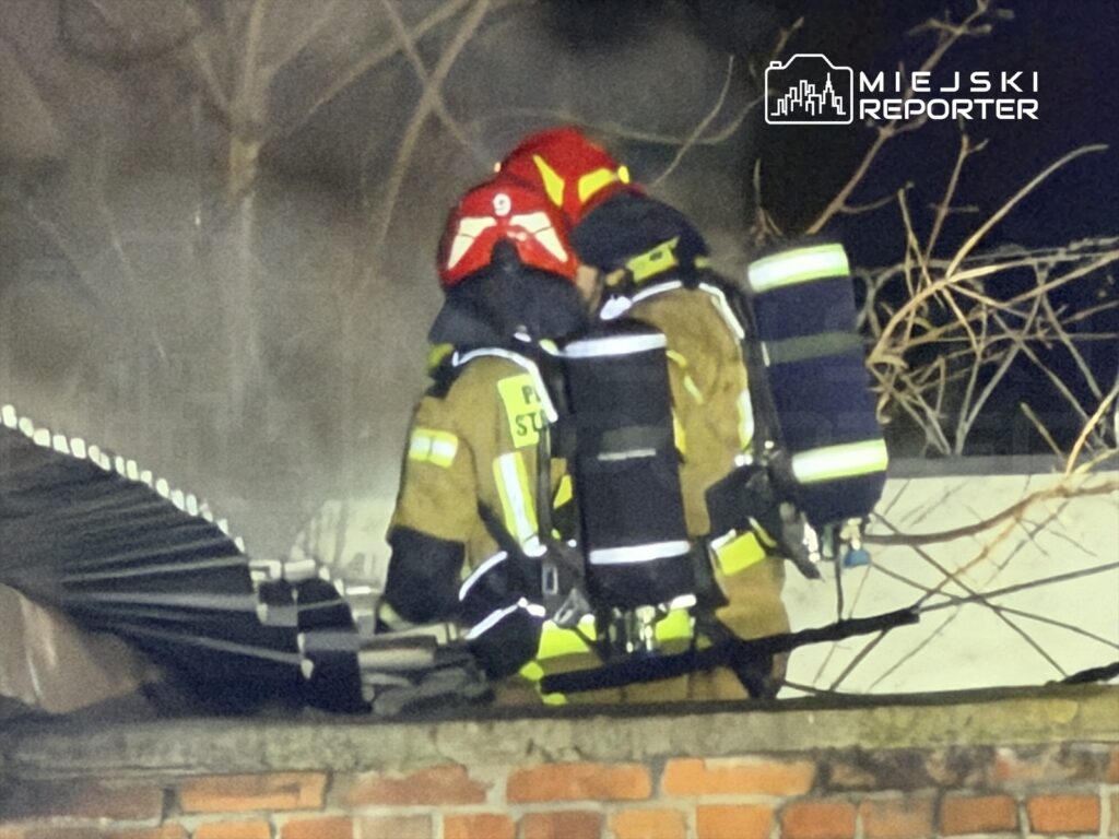 Dwaj strażacy w hełmach i sprzęcie ochronnym gaszą pożar na dachu budynku, w otoczeniu dymu i nagich gałęzi.