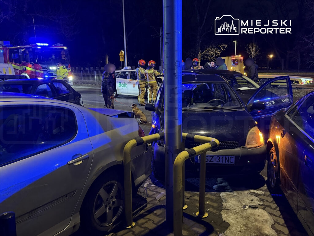 Grupa strażaków i policjantów interweniuje przy wypadku drogowym, obok uszkodzonych samochodów, w nocy.