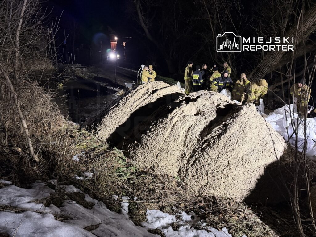 Grupa strażaków w żółtych mundurach pracuje nocą przy usuwaniu osunięcia ziemi w zalesionym terenie.