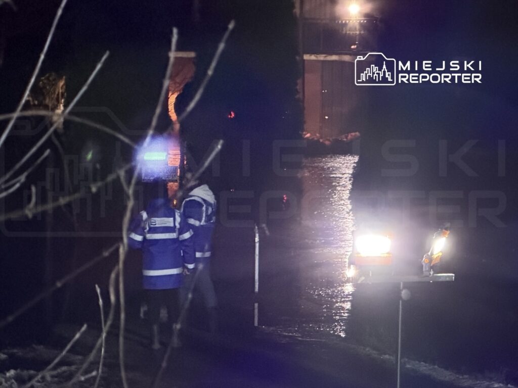 Dwóch ratowników w niebieskich kurtkach przeszukuje teren w nocy, obok wody oświetlonej przez latarki.