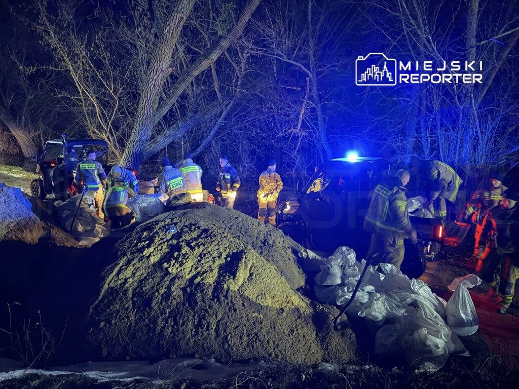 Grupa strażaków w mundurach pracuje nocą przy wypełnianiu worków piaskiem w lesie, otoczeni przez pojazdy ratunkowe.
