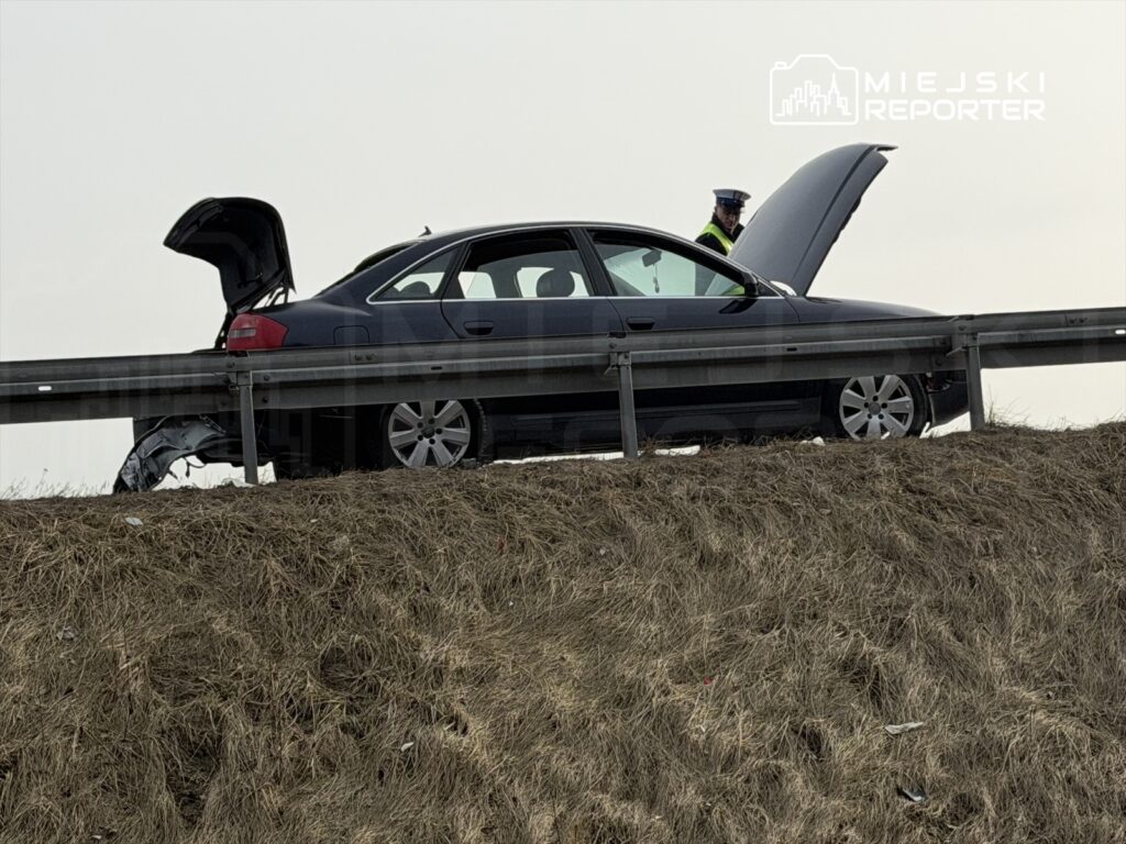 Policjant bada uszkodzony samochód osobowy z otwartą maską na poboczu drogi.