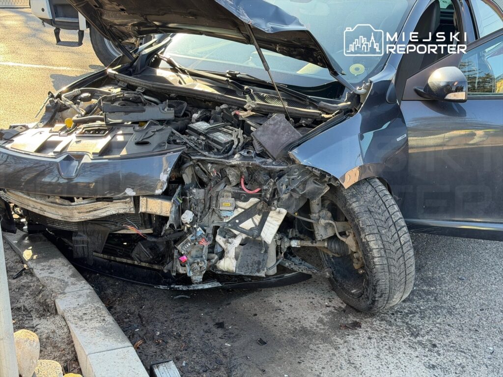 Uszkodzony samochód osobowy z otwartą maską, stojący na poboczu drogi, z widocznymi uszkodzeniami silnika.