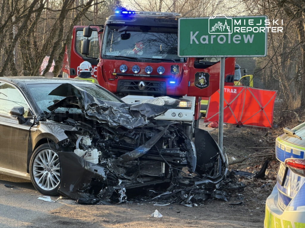 Czarny samochód osobowy z uszkodzoną przednią częścią stoi obok znaku drogowym "Karolew", w tle widać wóz strażacki.