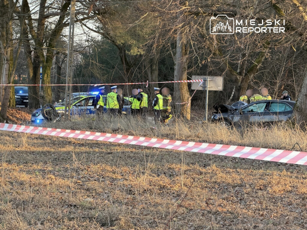 Grupa policjantów w żółtych kamizelkach zabezpiecza miejsce wypadku drogowego obok uszkodzonego samochodu.