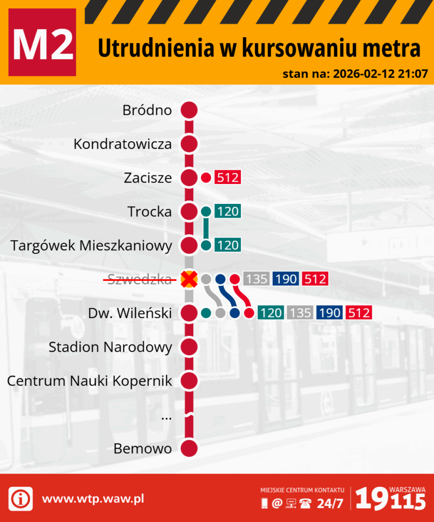 Mapa z informacjami o utrudnieniach w kursowaniu metra linii M2, z zaznaczoną stacją "Szwedzka" jako nieczynną.