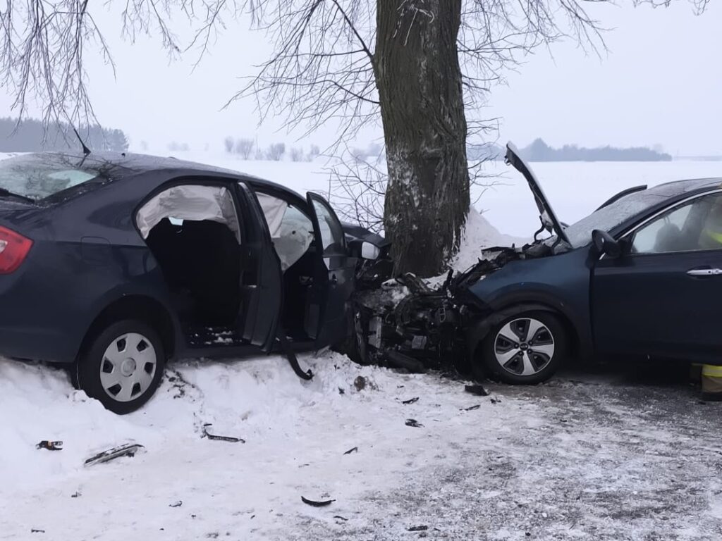 Dwa uszkodzone samochody osobowe stoją obok drzewa, w otoczeniu zaśnieżonej drogi.
