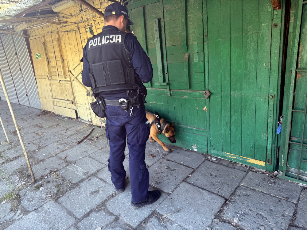 Policjant z psem służbowym sprawdzający zamknięte drzwi w opuszczonym budynku.