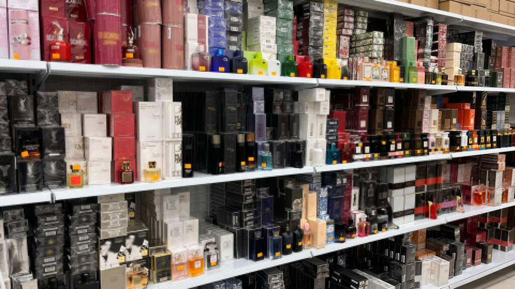 Półka w sklepie z różnorodnymi flakonami perfum, ułożonymi w kolorowe opakowania.