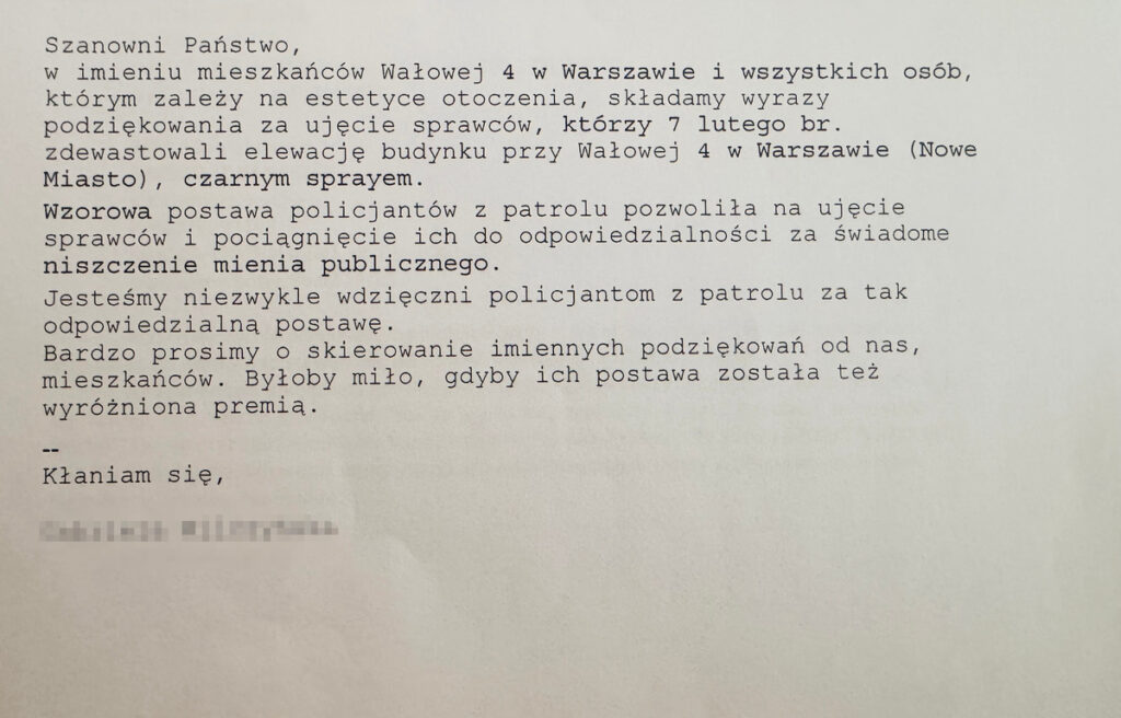List z podziękowaniem mieszkańców za interwencję policjantów w sprawie zniszczenia mienia publicznego.