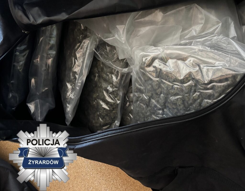 Torba sportowa z przezroczystymi pakunkami zawierającymi susz roślinny, leżąca na podłodze. W tle logo policji.