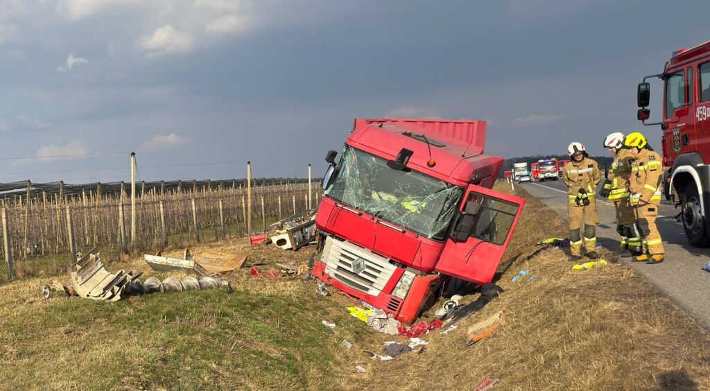 Czerwony ciężarówka leży na boku w rowie, obok stoją strażacy w mundurach, w tle winnice.