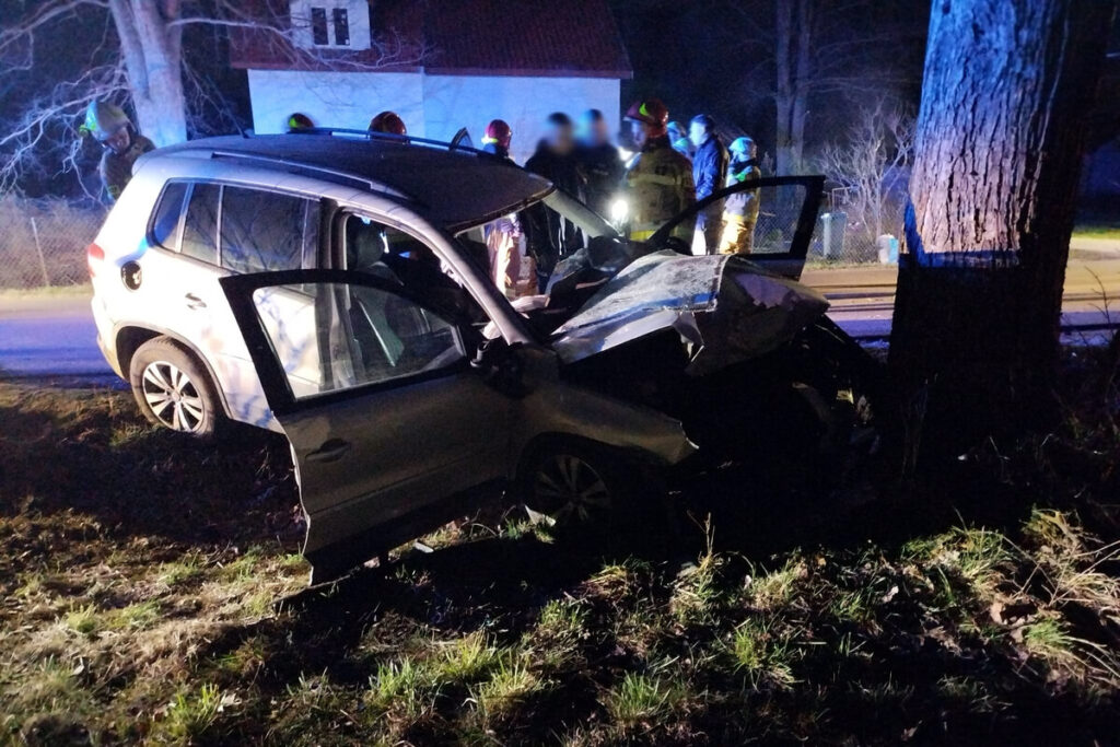 Samochód osobowy uderzył w drzewo, a w pobliżu pracują strażacy oraz ratownicy medyczni. Nocna sceneria z niebieskimi światłami.