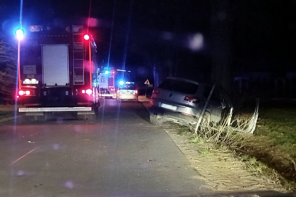 Samochód osobowy wjeżdżający w pobocze drogi, obok pojazdy służb ratunkowych z włączonymi sygnałami świetlnymi.